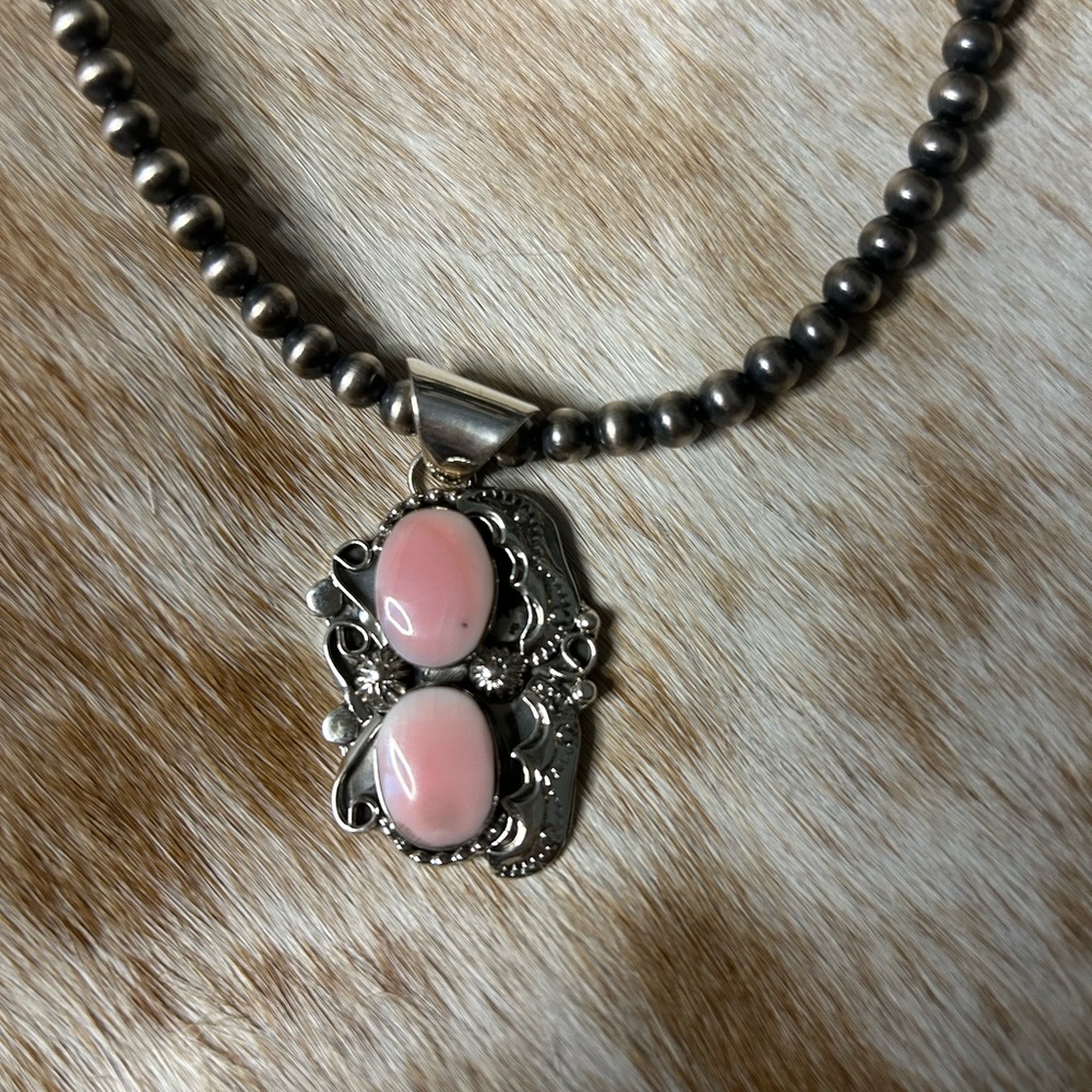 Sterling Silver Pearl Necklace with Pink Conch Pendant